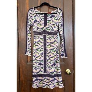 Missoni Dress Size 40 Long Sleeve Purple Green Printed Crochet Trim Lined Italy